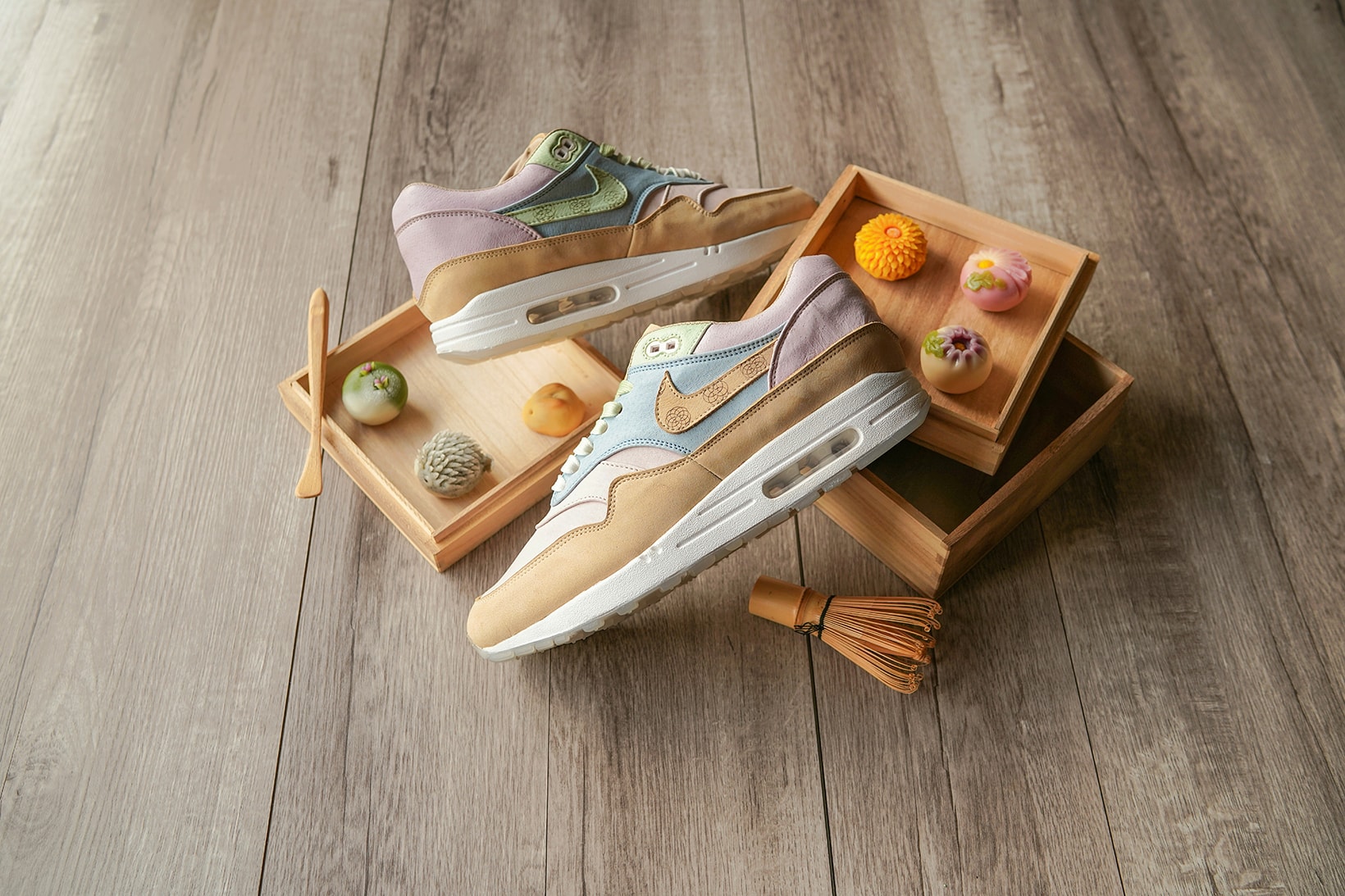 nike air max 1 wagashi traditional japanese sweets food ryustyler chase shiel collaboration custom sneakers pastel blue purple green brown shoes sneakerhead footwear