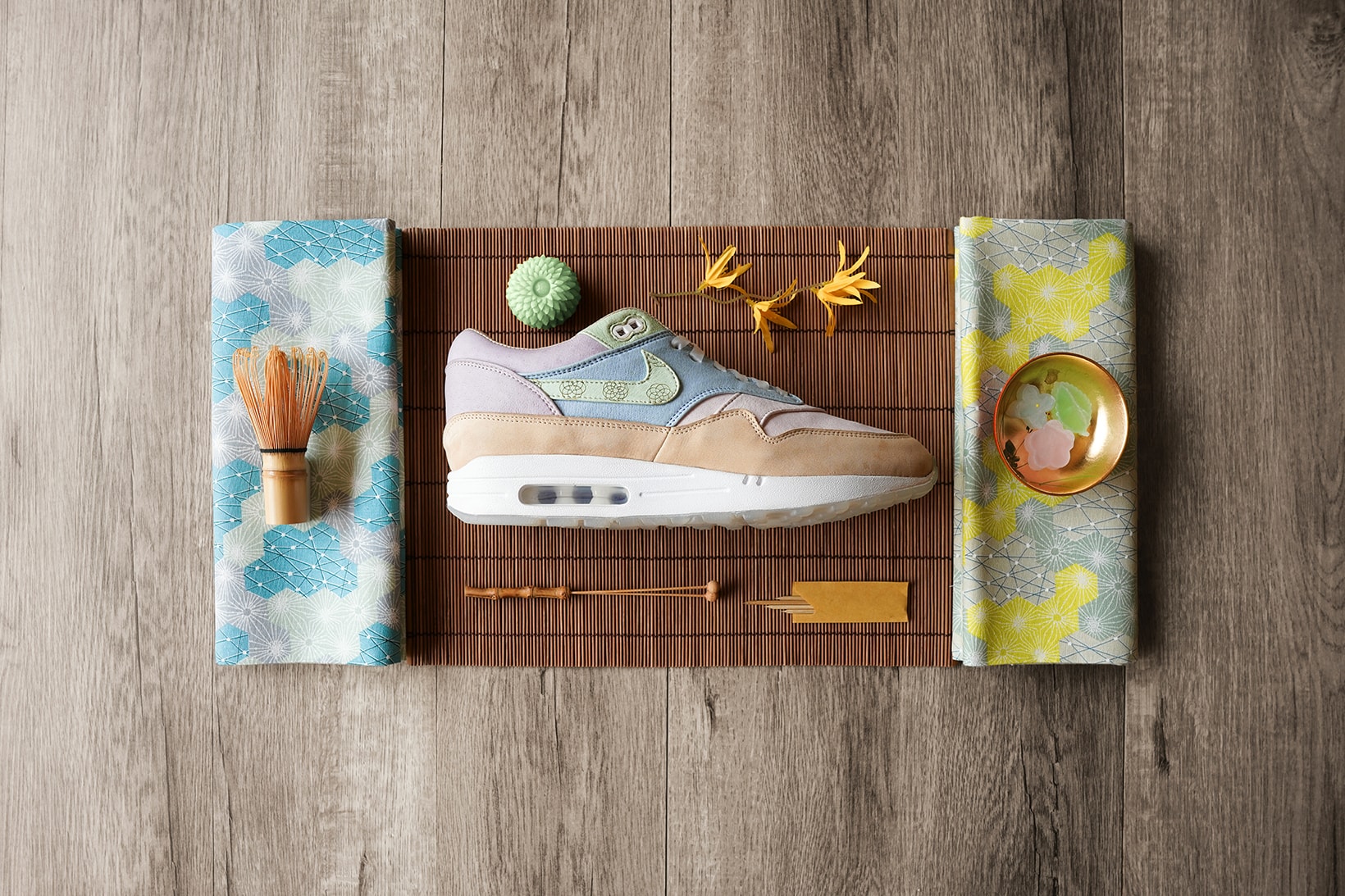 nike air max 1 wagashi traditional japanese sweets food ryustyler chase shiel collaboration custom sneakers pastel blue purple green brown shoes sneakerhead footwear