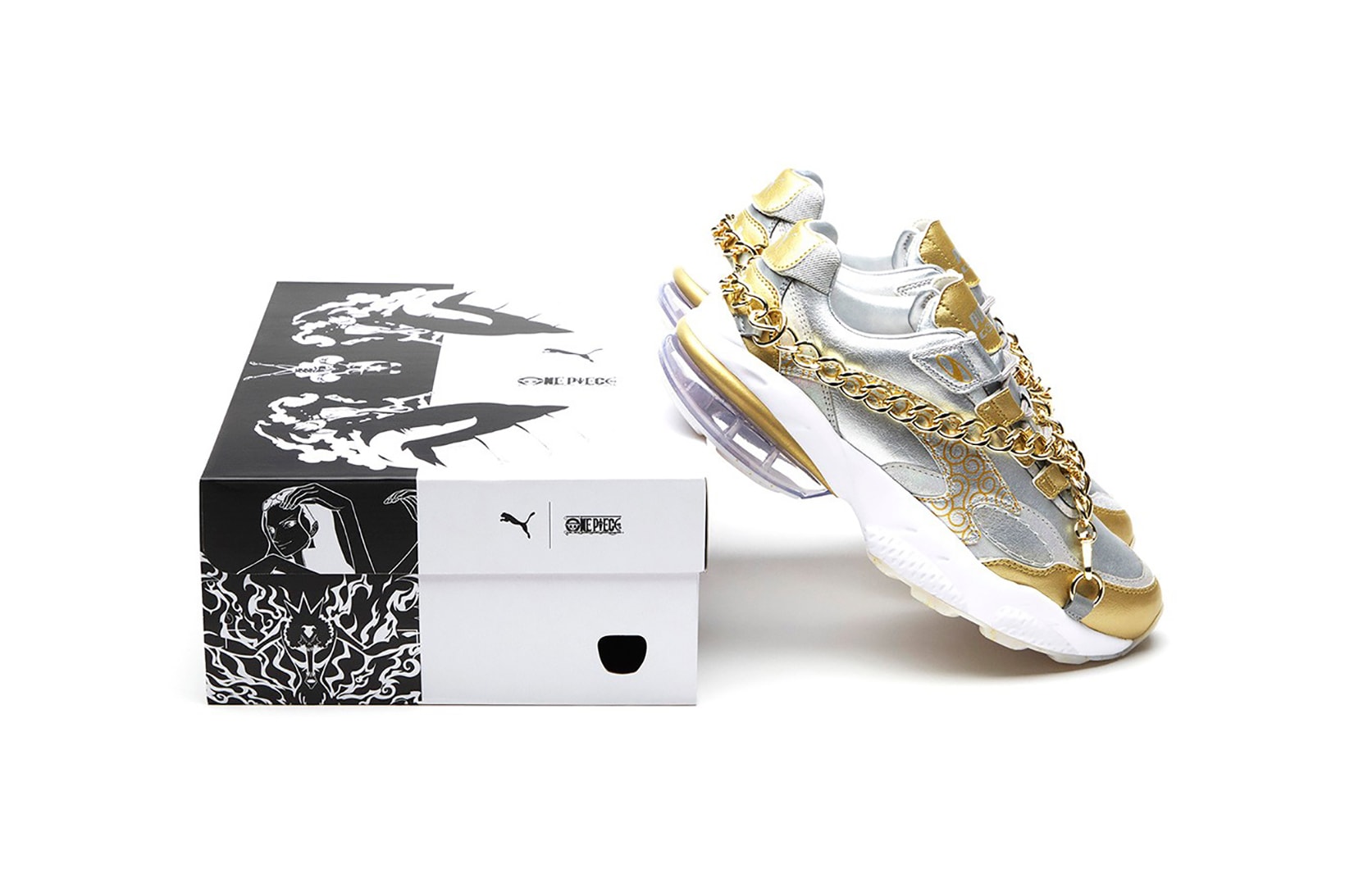 one piece puma cell venom collaboration sneakers white gold silver japanese manga shoes footwear sneakerhead eiichiro oda