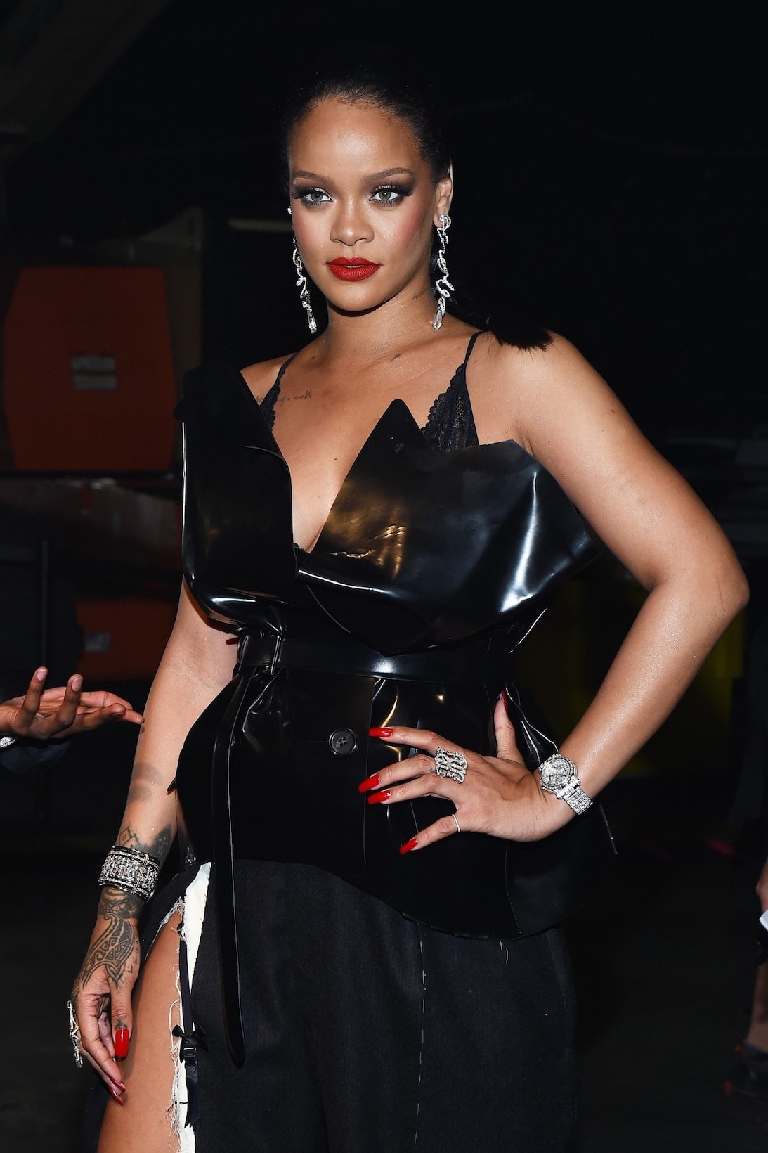 Rihanna Savage X Fenty Show New York Fashion Week Spring Summer 2020 Dress Black Maison Margiela Red Lip Earrings 