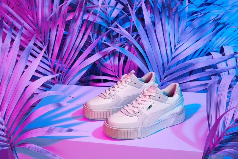 puma cali sport trainers in white and pastel pink