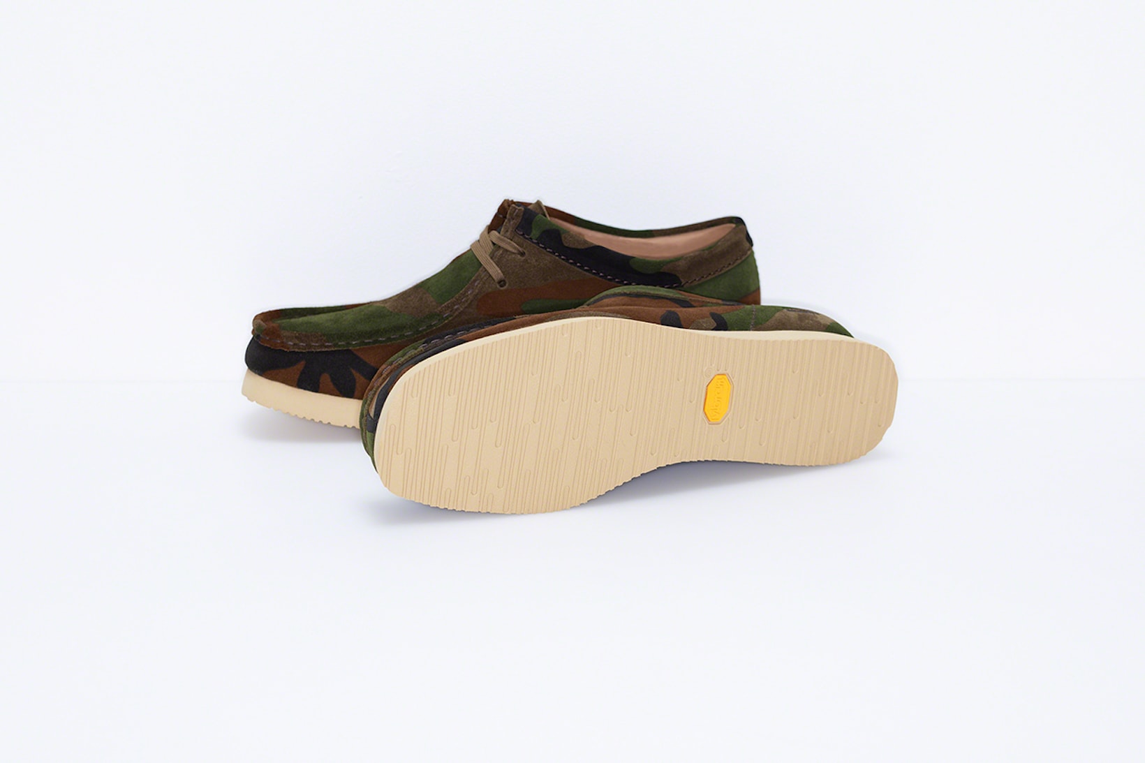 supreme clarks originals custom suede wallabee shoes black purple beige camouflage pattern footwear