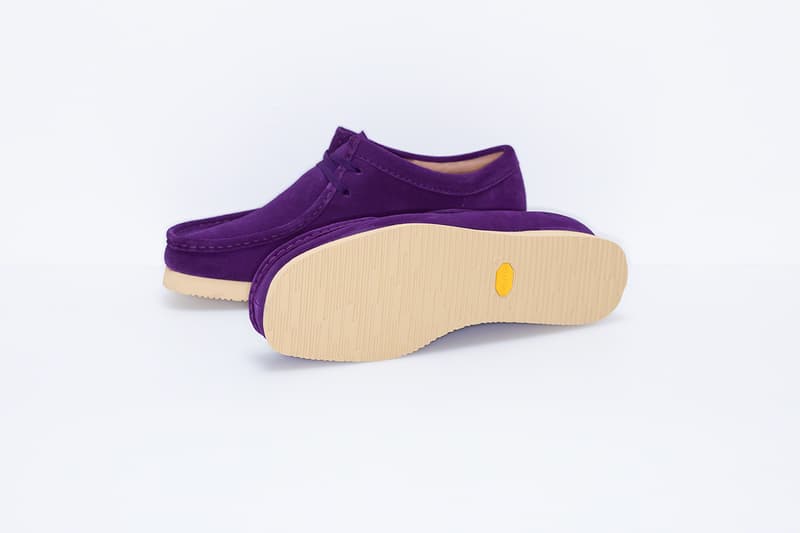 supreme clarks originals custom suede wallabee shoes black purple beige camouflage pattern footwear