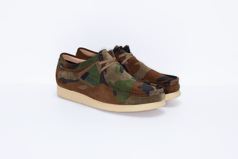 supreme clarks originals custom suede wallabee shoes black purple beige camouflage pattern footwear