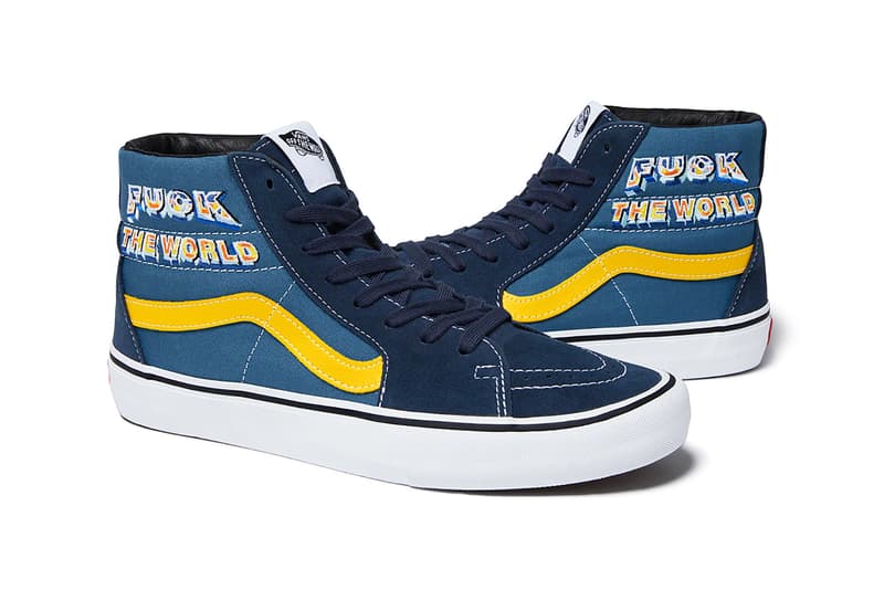 supreme vans sk8 hi pro sneakers navy blue white black yellow shoes footwear sneakerhead fuck the world graphic checker print