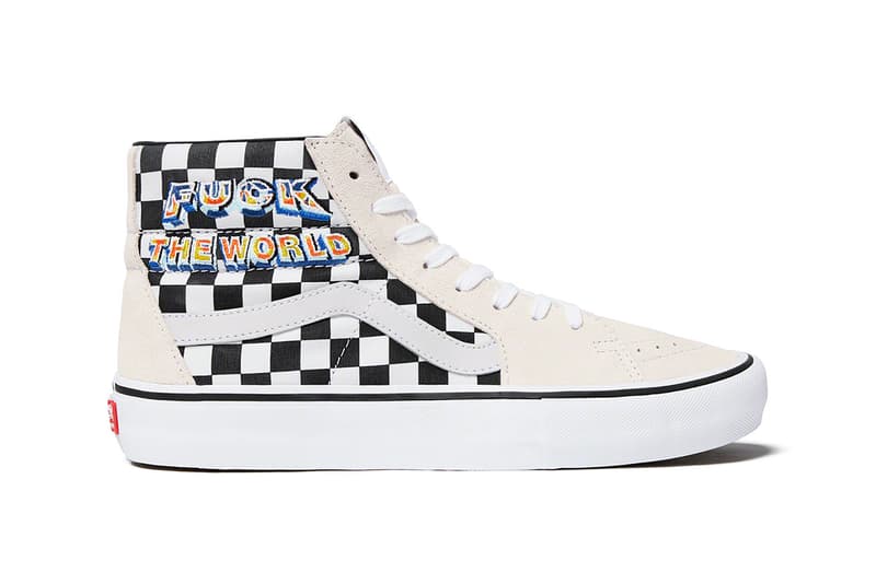 supreme vans sk8 hi pro sneakers navy blue white black yellow shoes footwear sneakerhead fuck the world graphic checker print