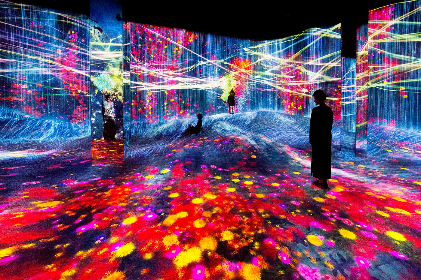 teamLab Borderless Shanghai Water Particles on a Rock Forest of Flowers