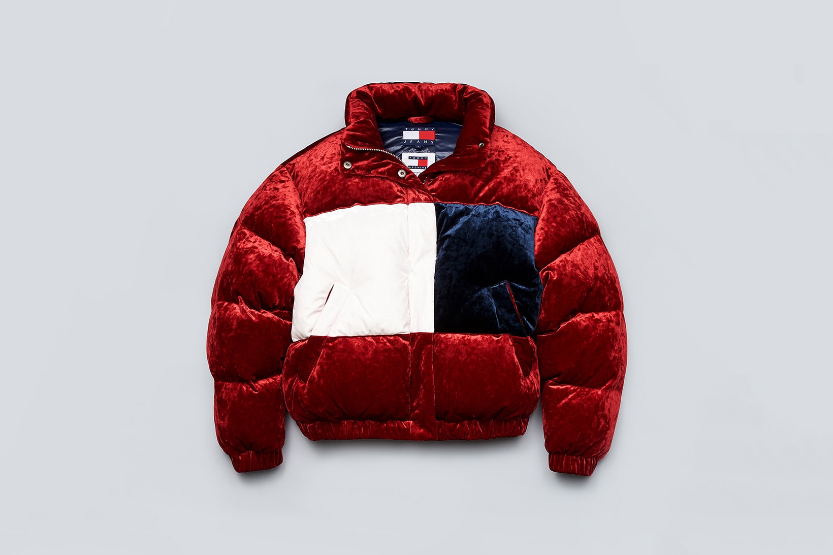 Tommy Jeans Fall 2019 Heritage Collection Velour Flag Puffer Jacket Jester Red