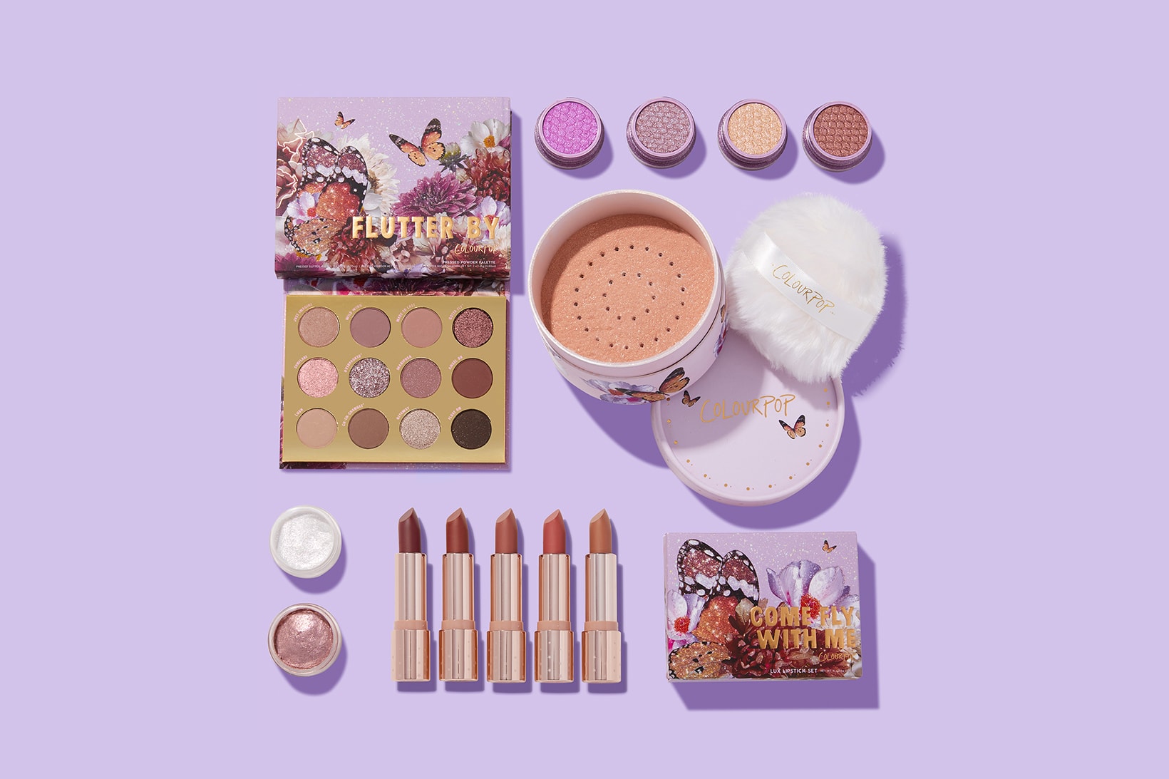 colourpop cosmetics butterfly collection eyeshadows lipsticks highlighters makeup purple
