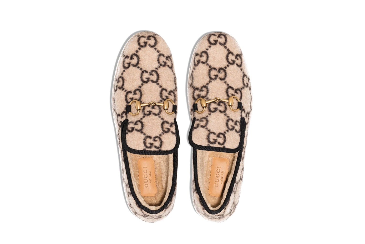 Gucci Cozy Logo Monogram Wool Slippers Shoes Luxury Gold Beige Print Fall Winter Loungewear 