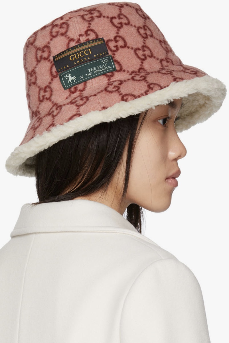 Gucci Pink Monogram Logo Fleece Bucket Hat Red Luxury Cozy Accessory 