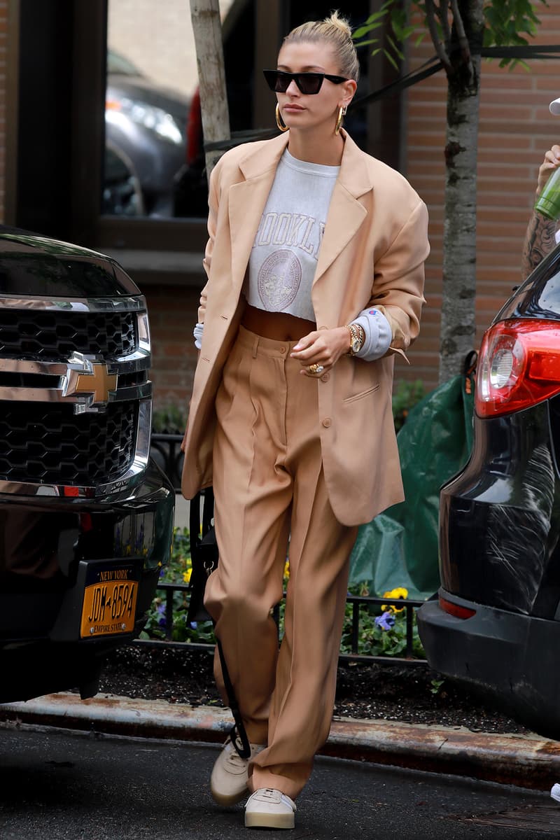 Hailey Bieber Baldwin Beige Suit Sunglasses Black Blazer Sneakers