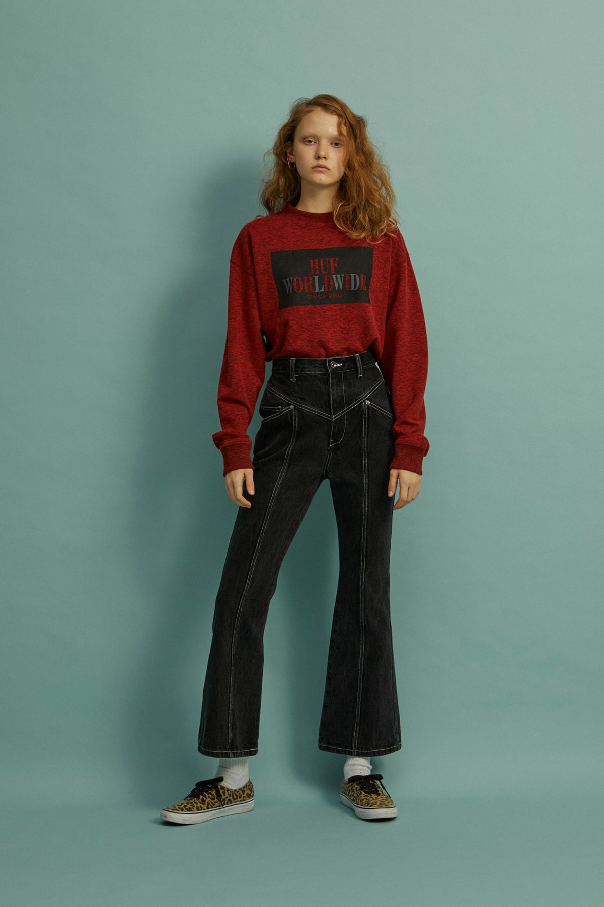 HUF Holiday 2019 Women's Collection Lookbook Die Long Sleeve Top Red Stitched Denim Pant Black