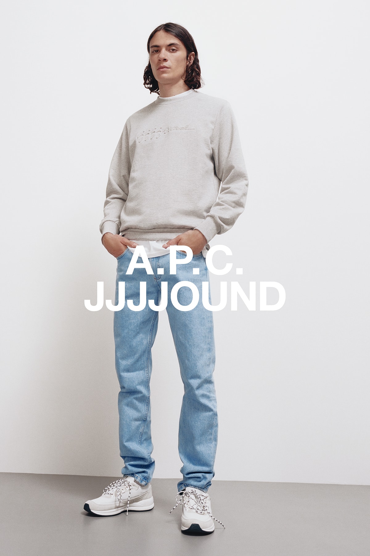 JJJJound x A.P.C. Collection Lookbook Justin Sweatshirt Petit Standard Stonewashed Indigo Pale Heather Grey