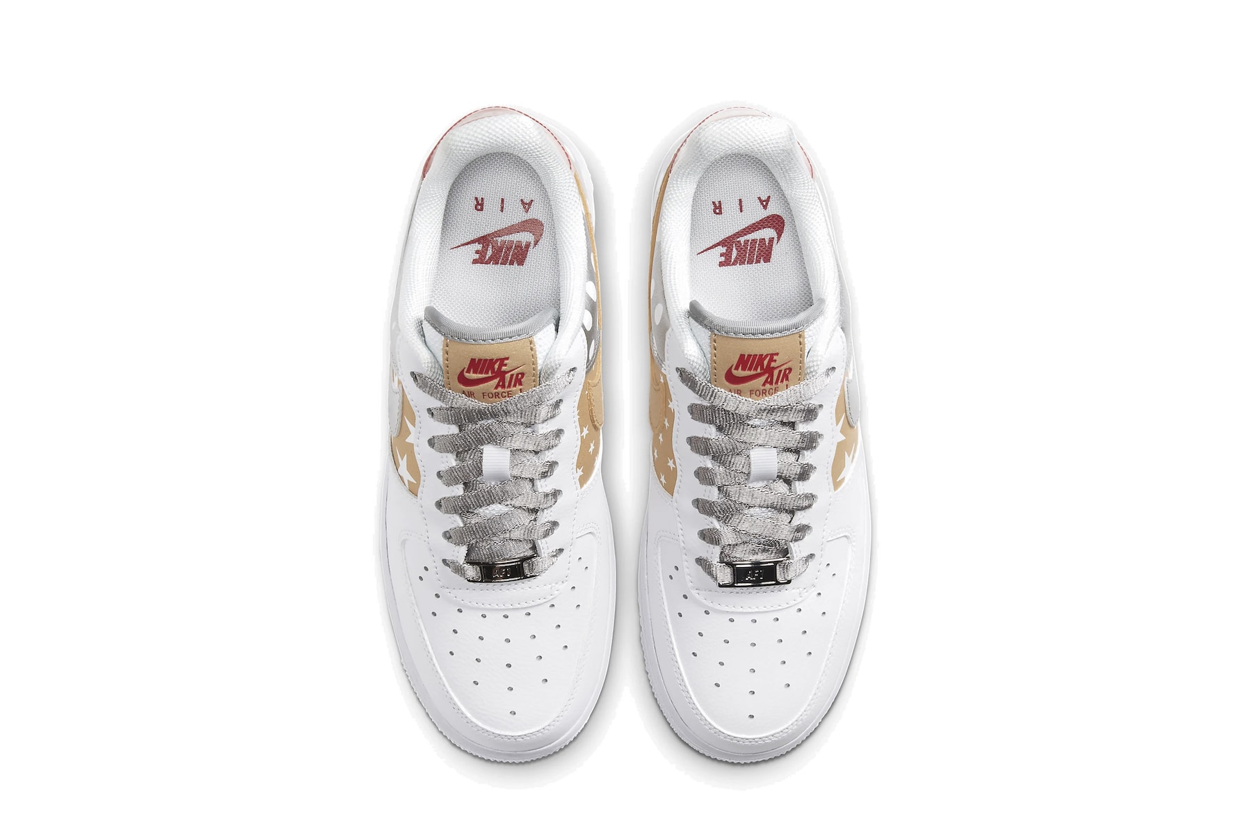 Nike Air Force 1 Metallic Gold Silver Stars Sneaker White Red Trainer Footwear 