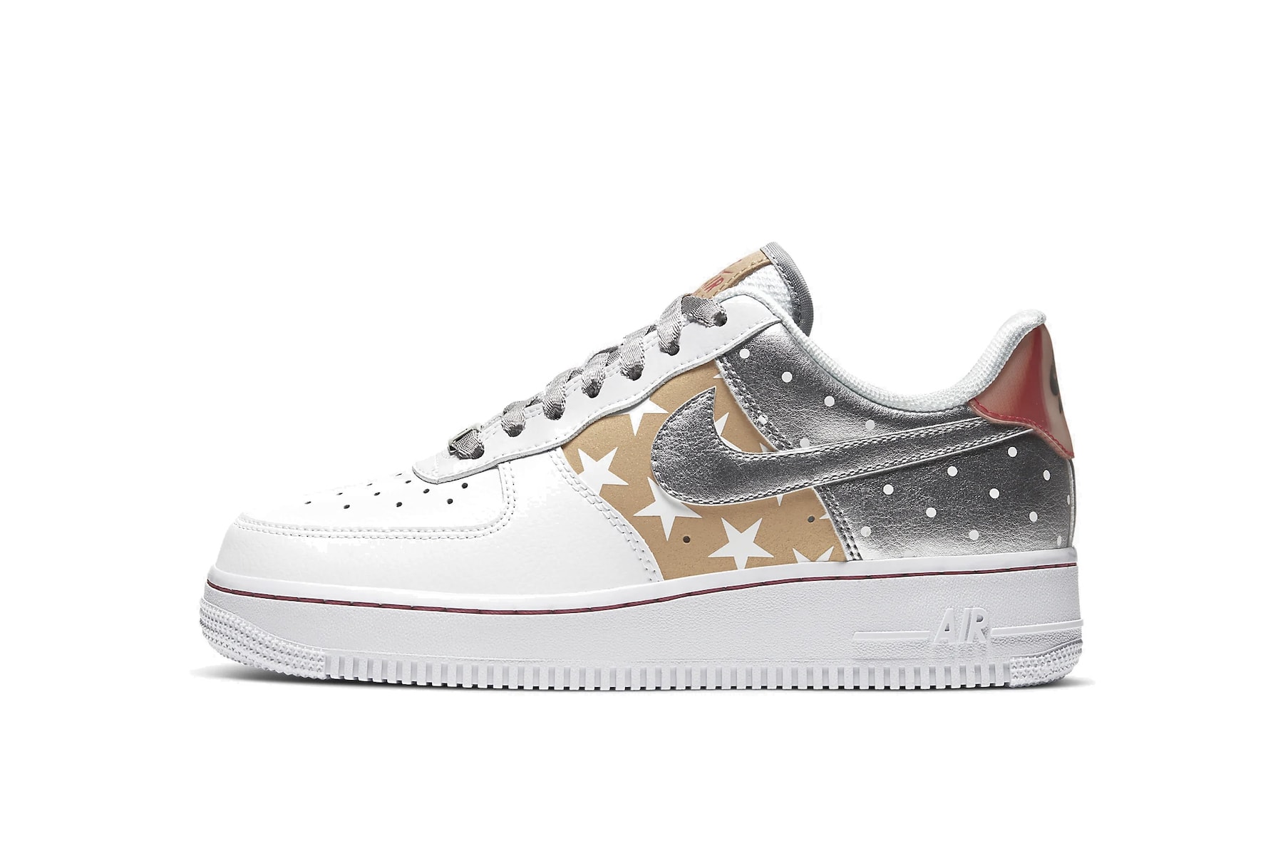 Nike Air Force 1 Metallic Gold Silver Stars Sneaker White Red Trainer Footwear 