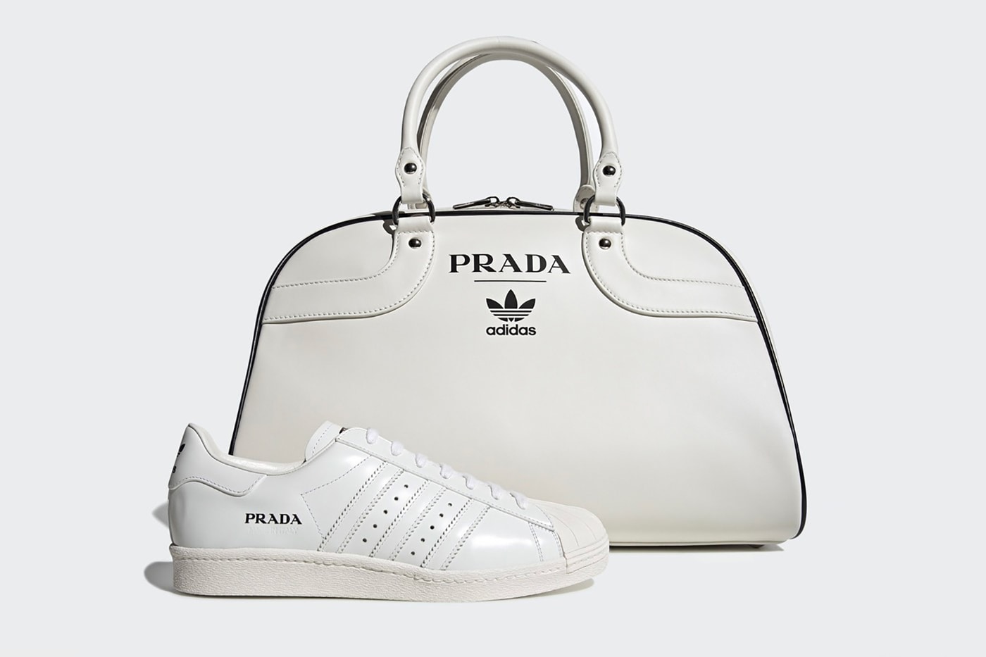 prada adidas originals collaboration superstar sneaker bowling bag white