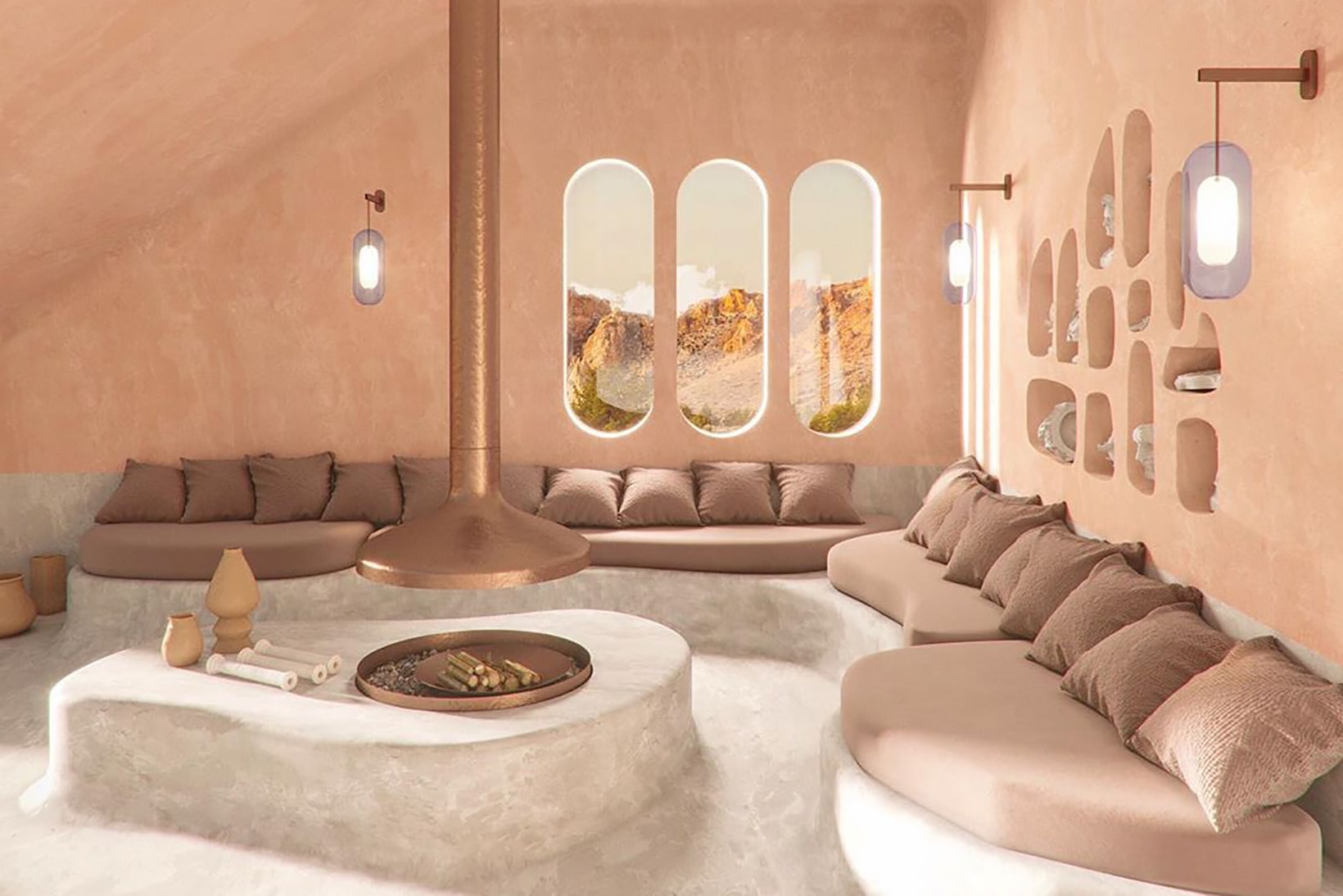 best modern home interior design inspiration pink living room sofa pillow window lights fireplace