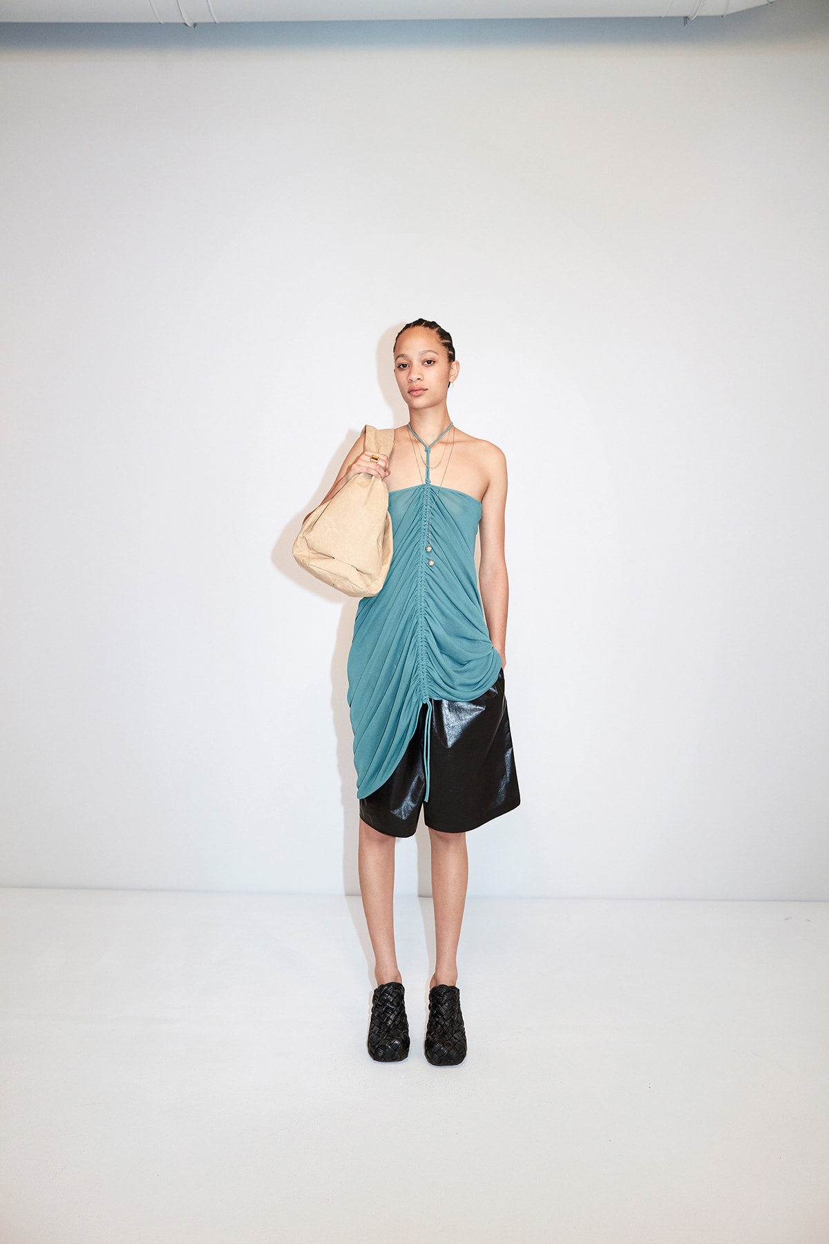 Bottega Veneta Pre-Fall 2020 Collection Lookbook Ruched Top Blue Shorts Black