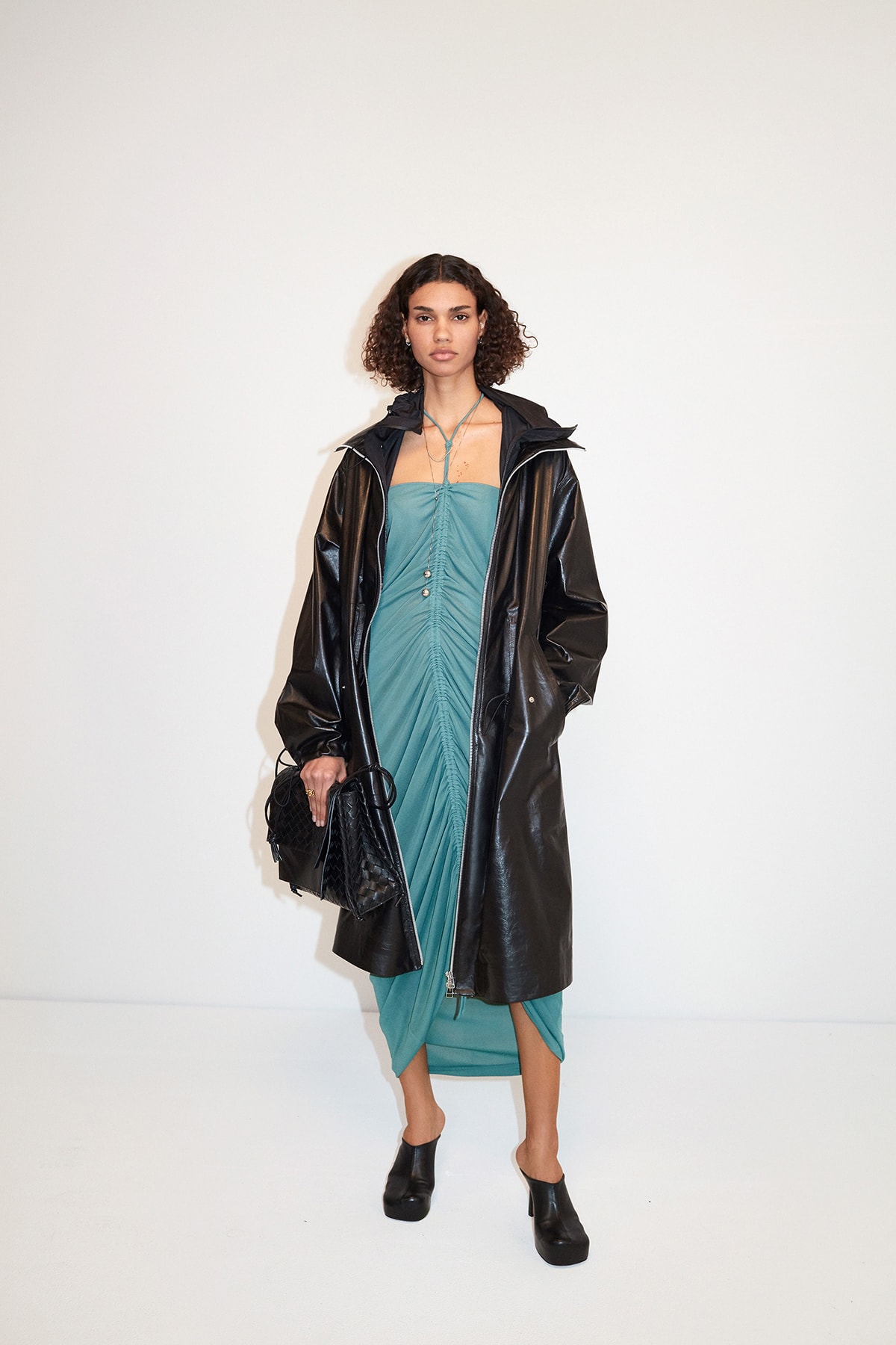 Bottega Veneta Pre-Fall 2020 Collection Lookbook Ruched Dress Blue Coat Black