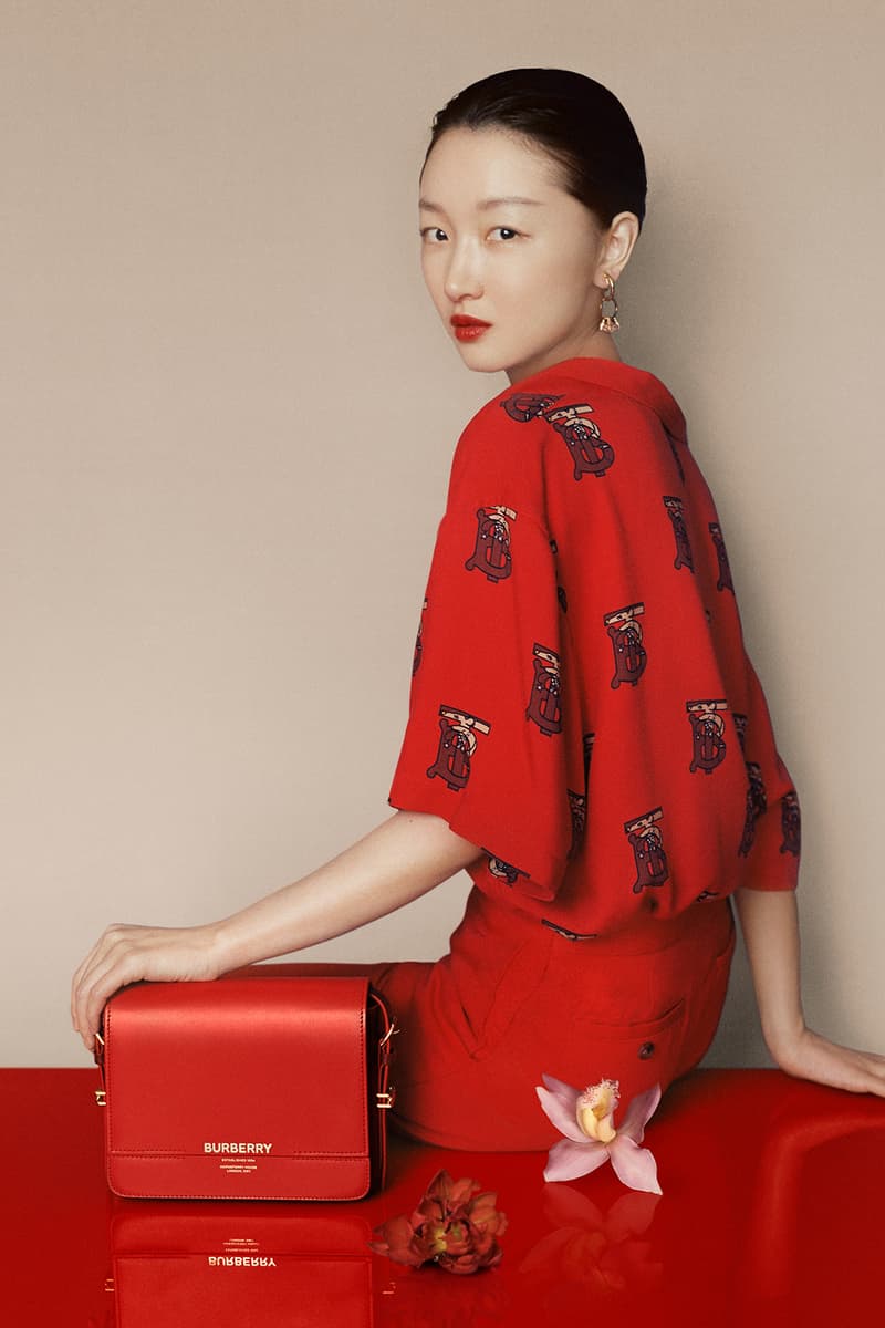 burberry chinese new year 2020 campaign union sneaker lola bag zhou dongyu liang jiyuan jackets scarf blazer red jewelry lola bag