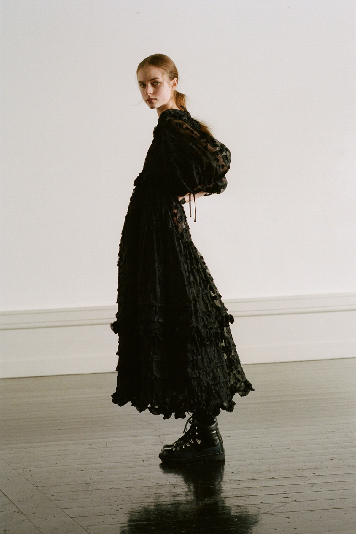 Cecilie Bahnsen Pre-Fall 2020 Collection Lookbook Ruffled Puff Sleeve Dress Black