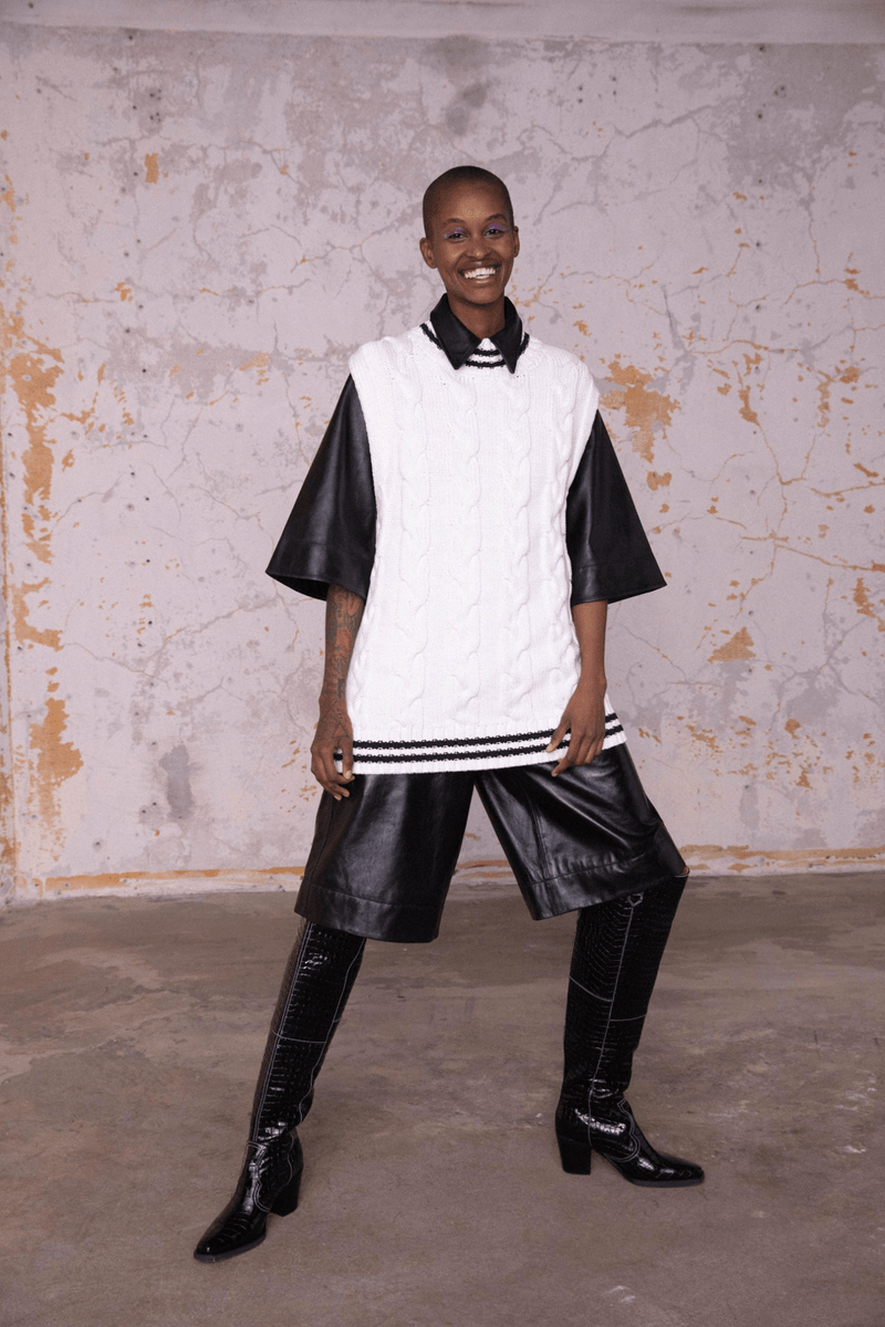 GANNI Pre-Fall 2020 Collection Lookbook Sweater Vest Knit White Shorts Leather Black