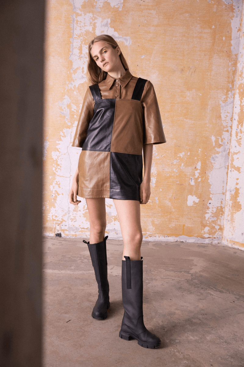 GANNI Pre-Fall 2020 Collection Lookbook Leather Dress Patchwork Shirt Brown