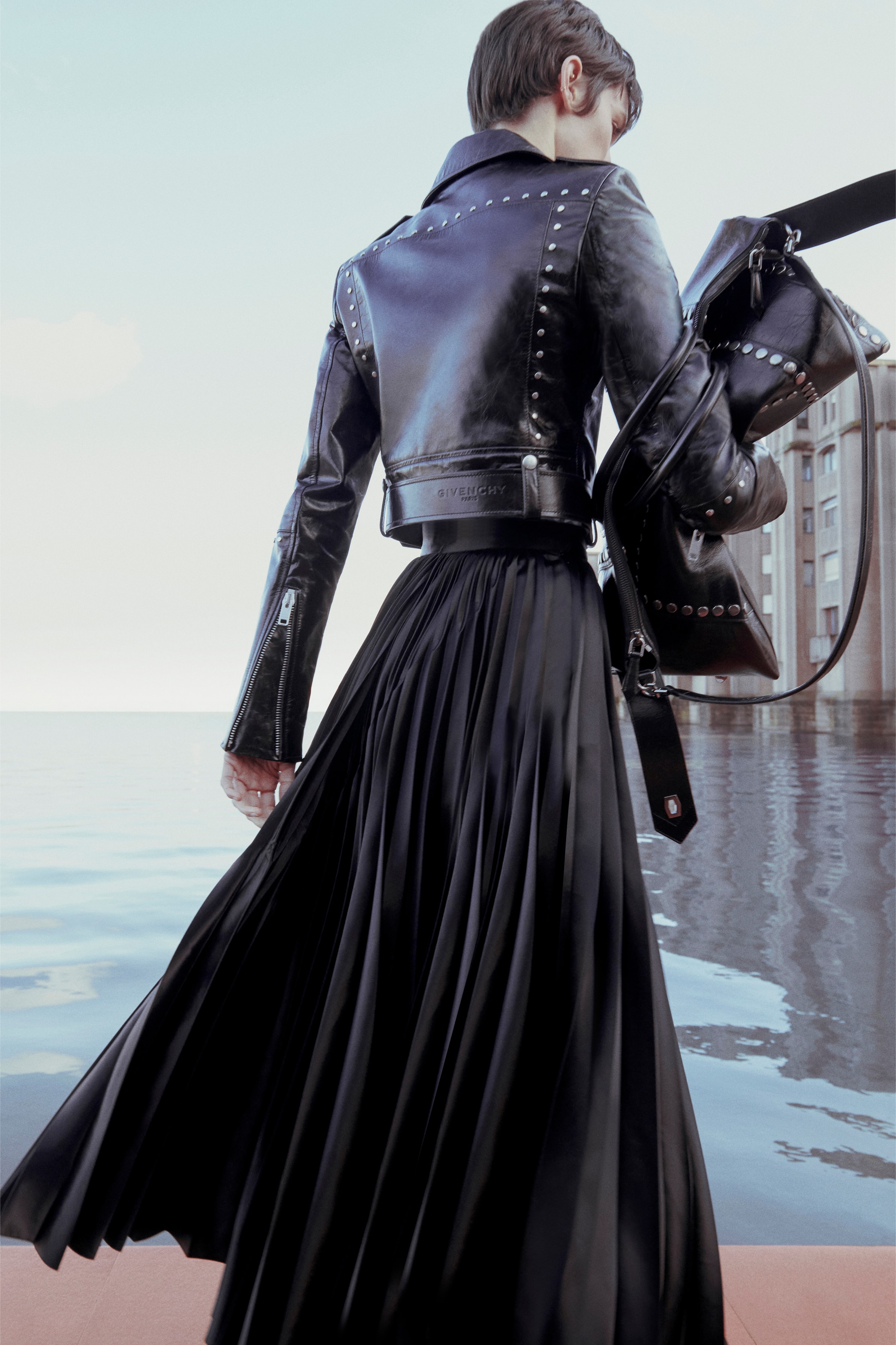Givenchy Pre-Fall 2020 Collection Lookbook Leather Jacket Pleated Gown Black