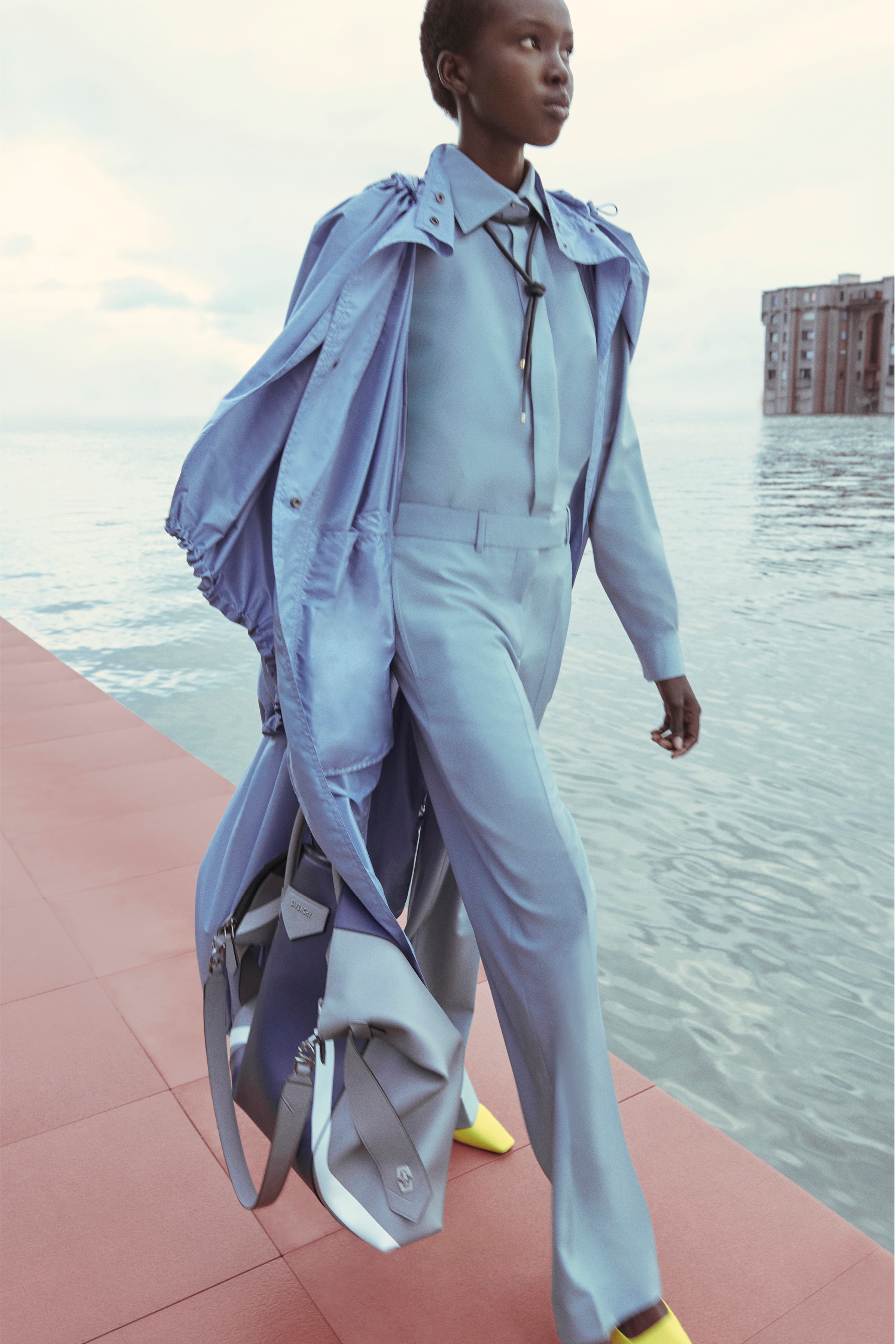 Givenchy Pre-Fall 2020 Collection Lookbook Trench Coat Trousers Blue Antigona White