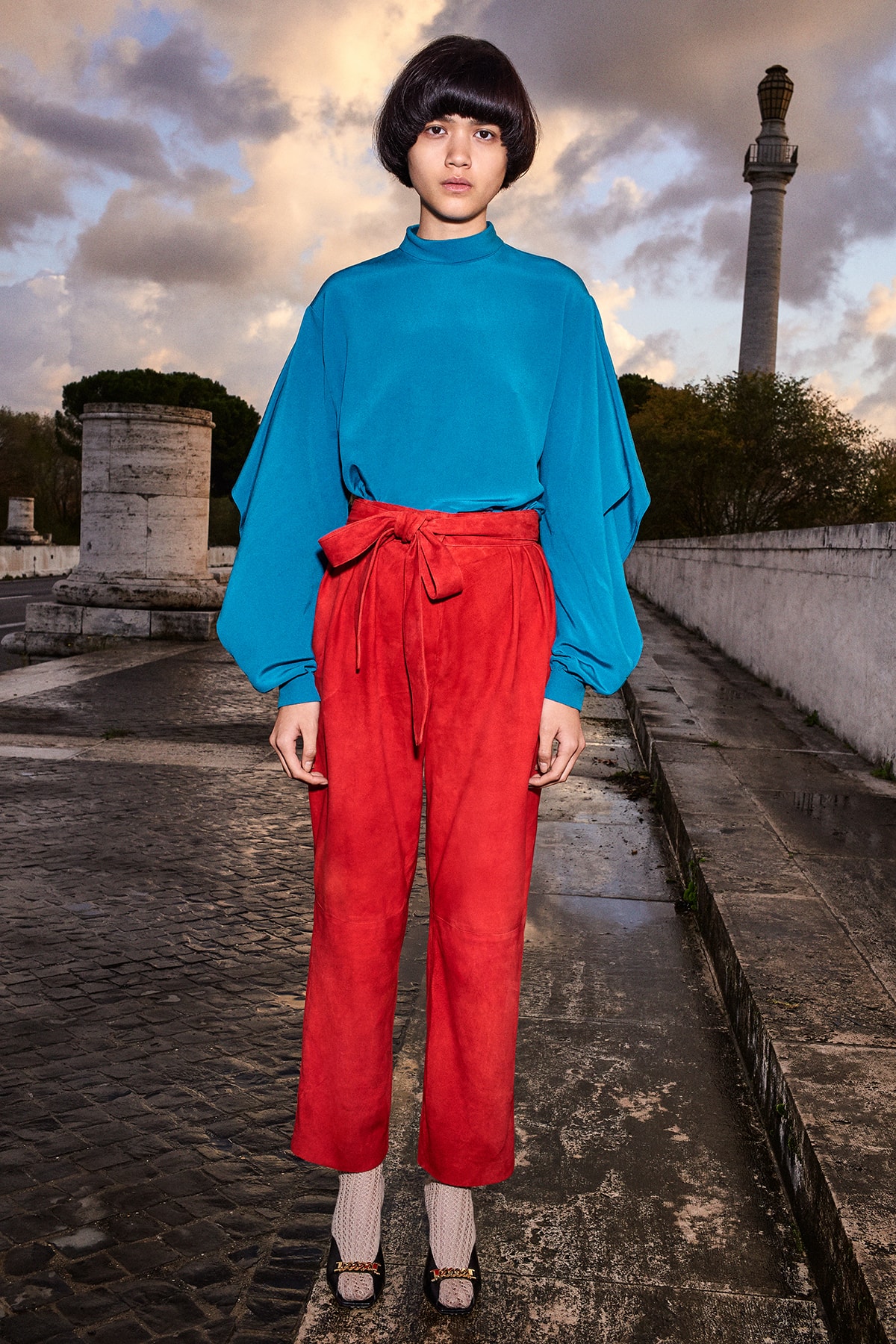 Gucci Pre-Fall 2020 Collection Lookbook Blouse Blue Suede Pants Red