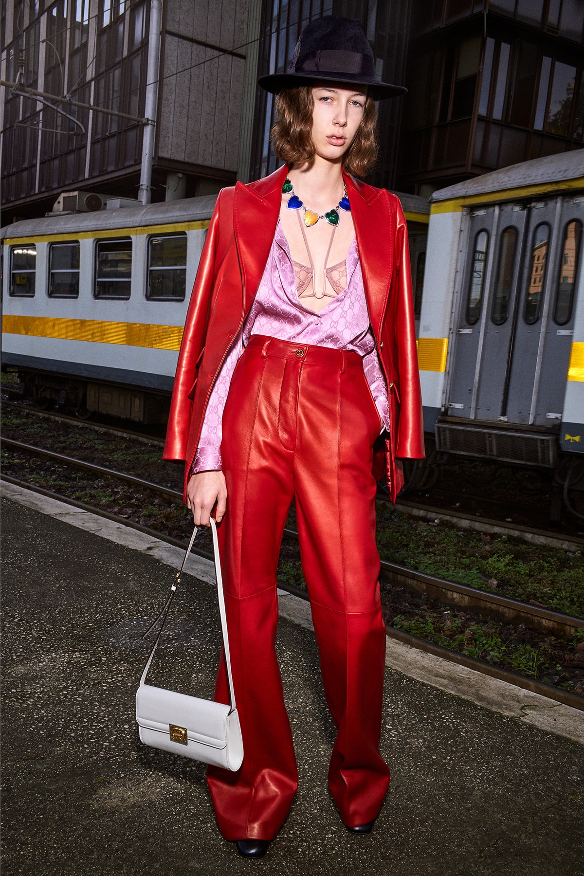 Gucci Pre-Fall 2020 Collection Lookbook Leather Suit Red GG Logo Bra Blouse Pink