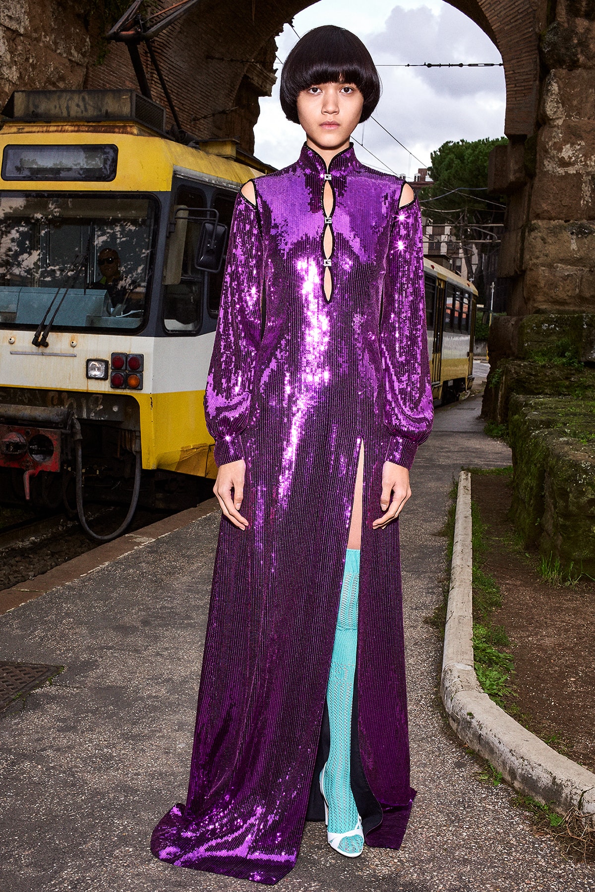 Gucci Pre-Fall 2020 Collection Lookbook Sequin Qi Pao Dress Purple