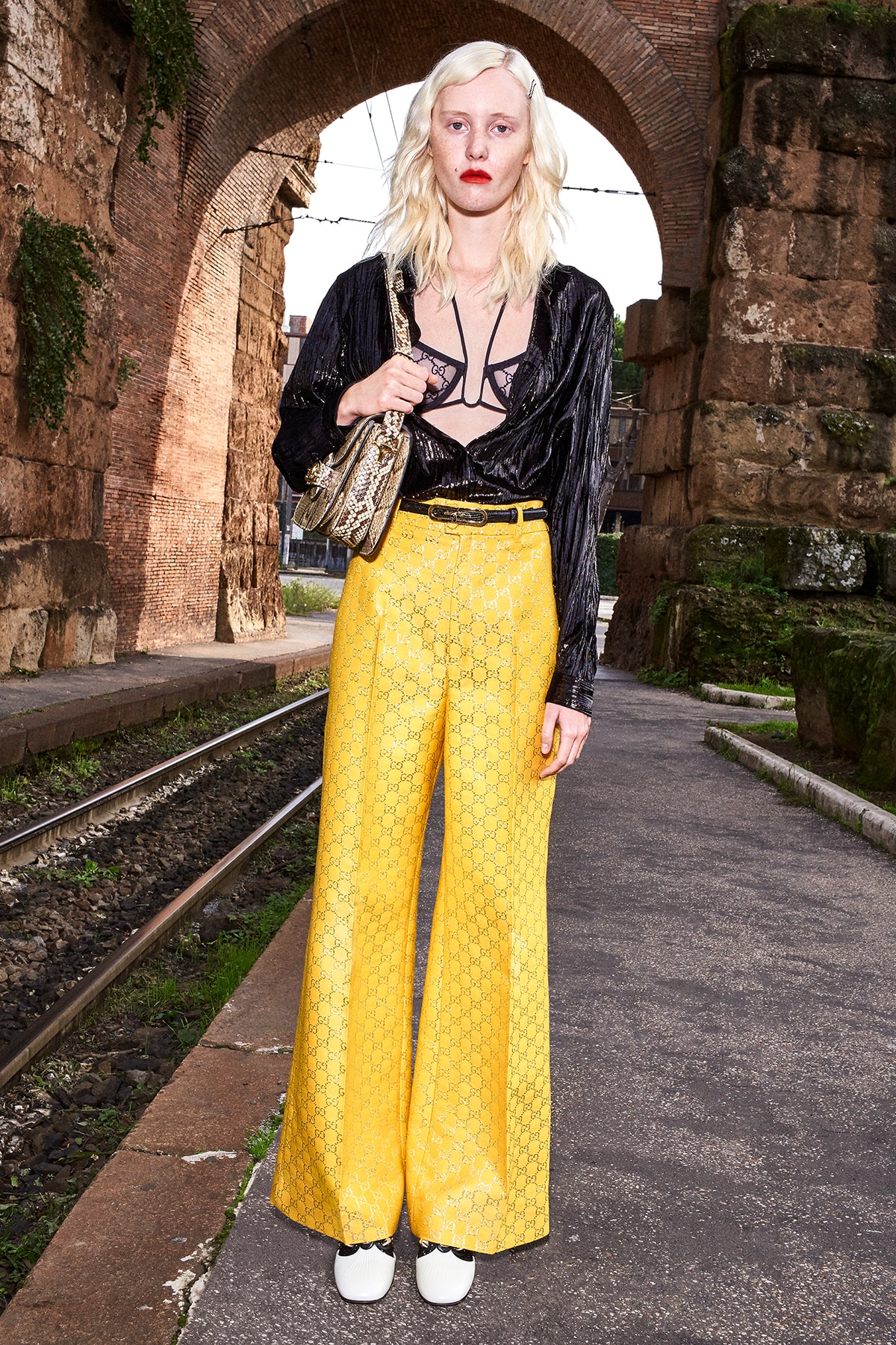 Gucci Pre-Fall 2020 Collection Lookbook GG Logo Pants Bra Yellow Black