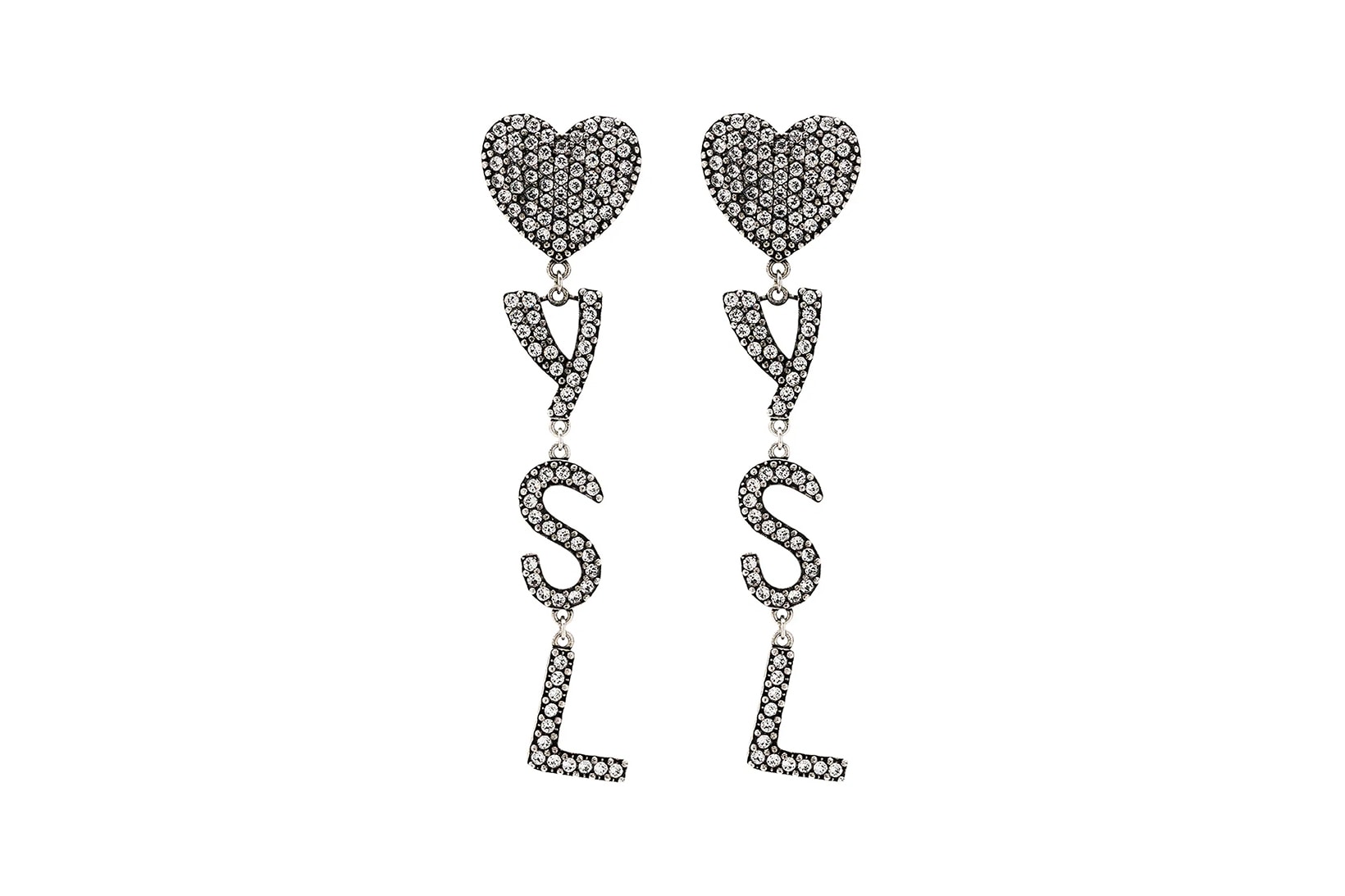 saint laurent ysl silver tone heart drop earrings jewelry accessories crystal brass