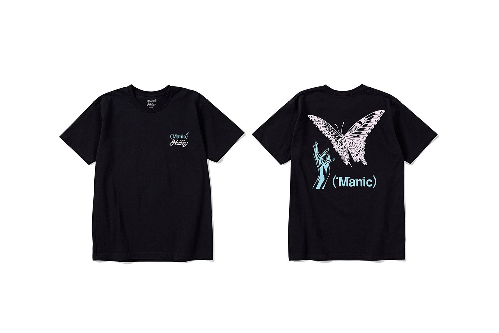 verdy halsey collaboration manic album merch hoodies t shirts black white butterfly 