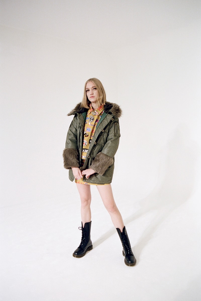 x girl hysteric glamour collaboration dover street market london coco gordon moore lookbook coat olive green boots mustard yellow shirt