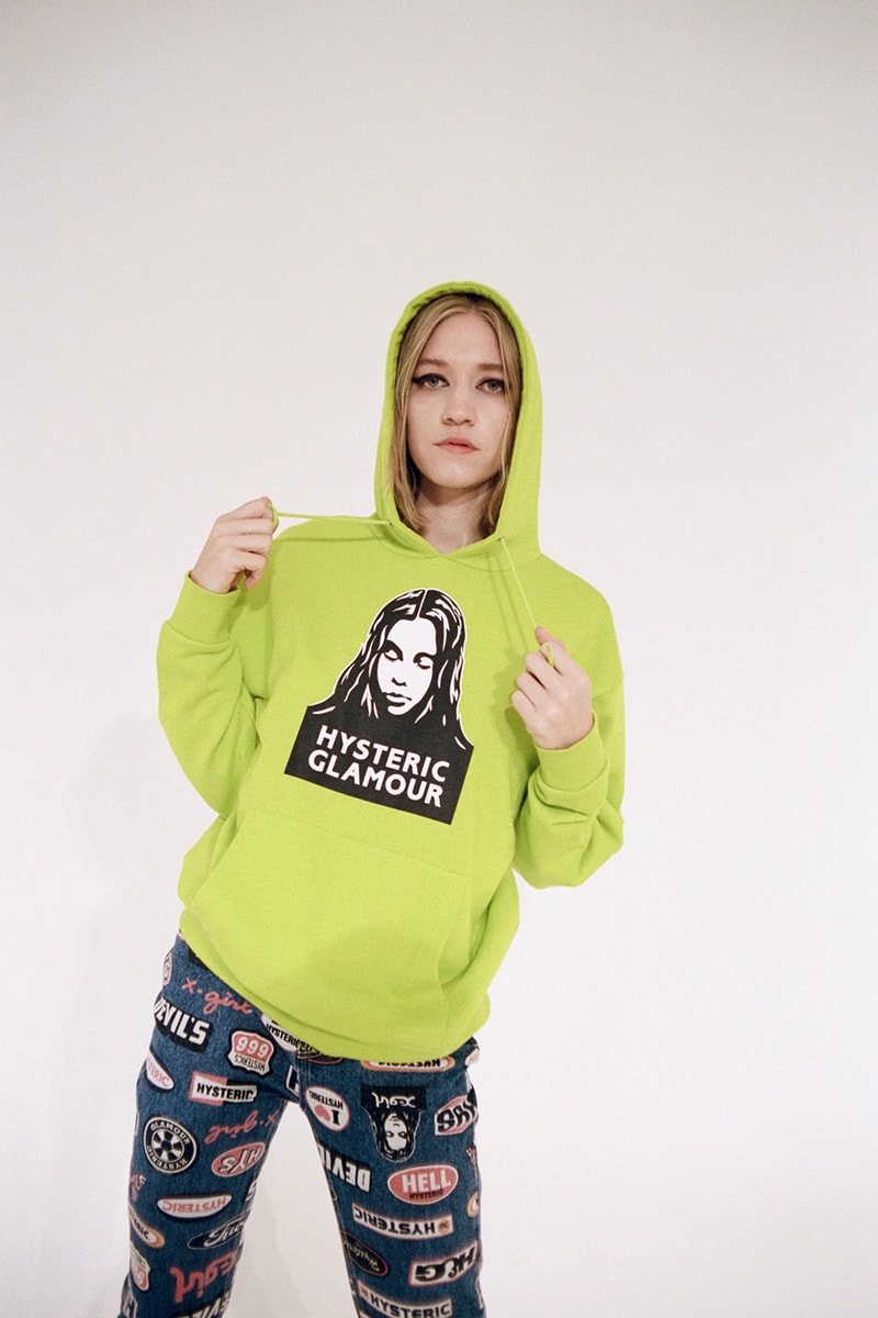 x girl hysteric glamour collaboration dover street market london coco gordon moore lookbook neon green hoodie denim pants jeans