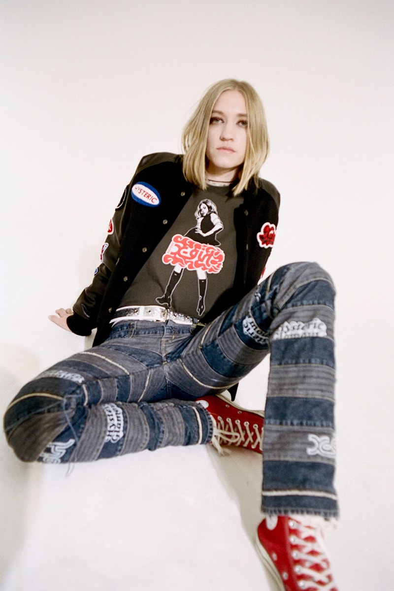x girl hysteric glamour collaboration dover street market london coco gordon moore lookbook black jacket jeans red converse
