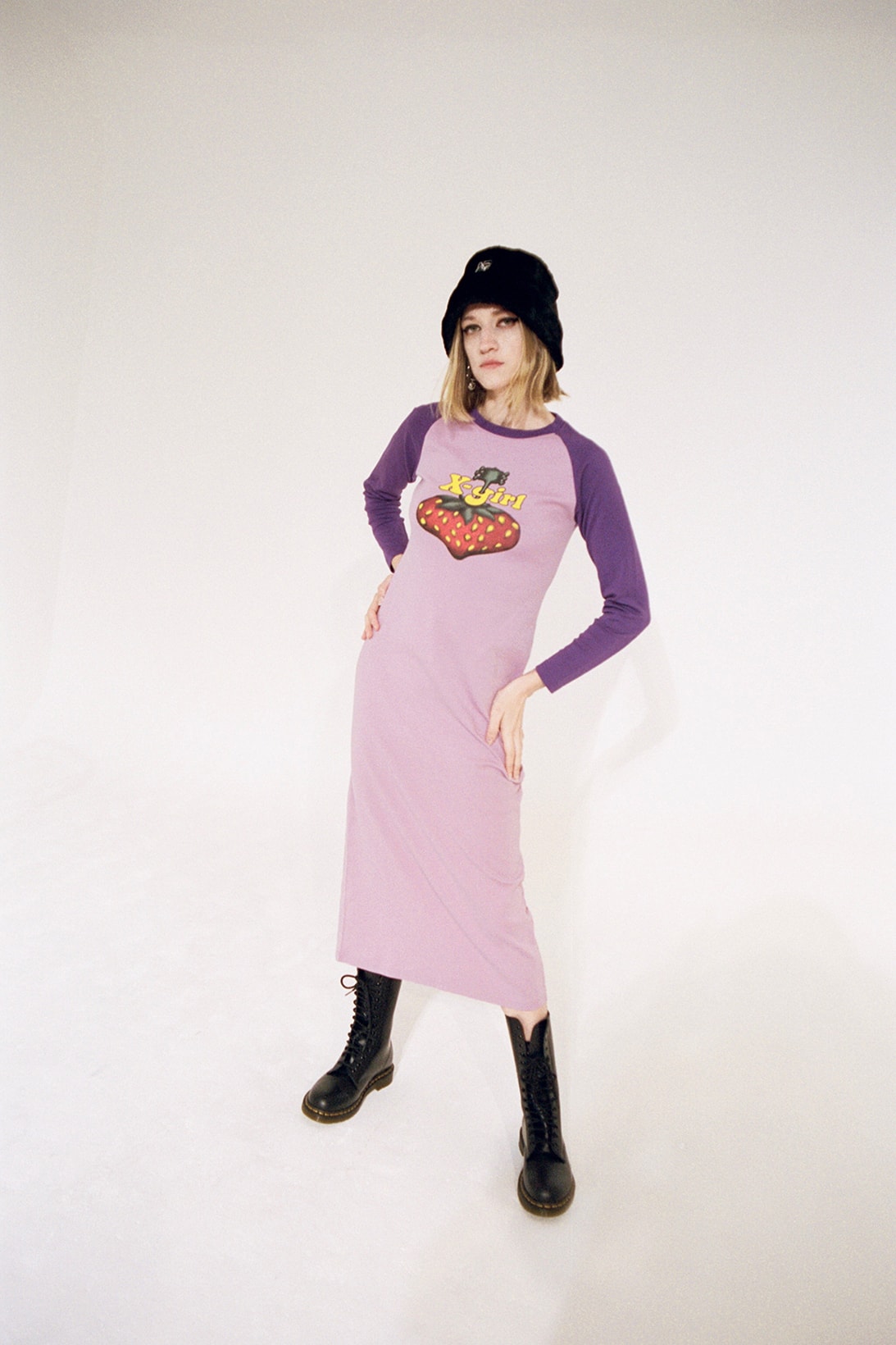 x girl hysteric glamour collaboration dover street market london coco gordon moore lookbook black hat purple dress boots