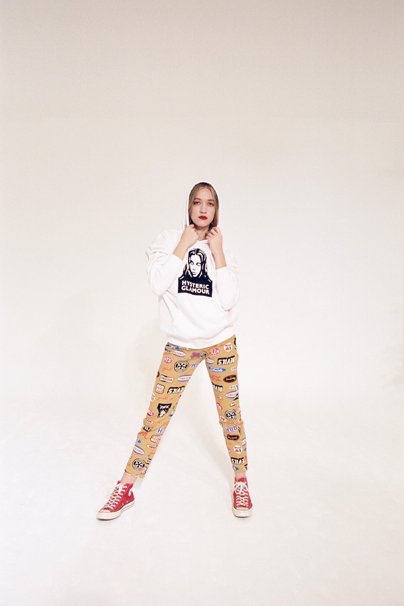 x girl hysteric glamour collaboration dover street market london coco gordon moore lookbook white hoodie yellow mustard pants red converse