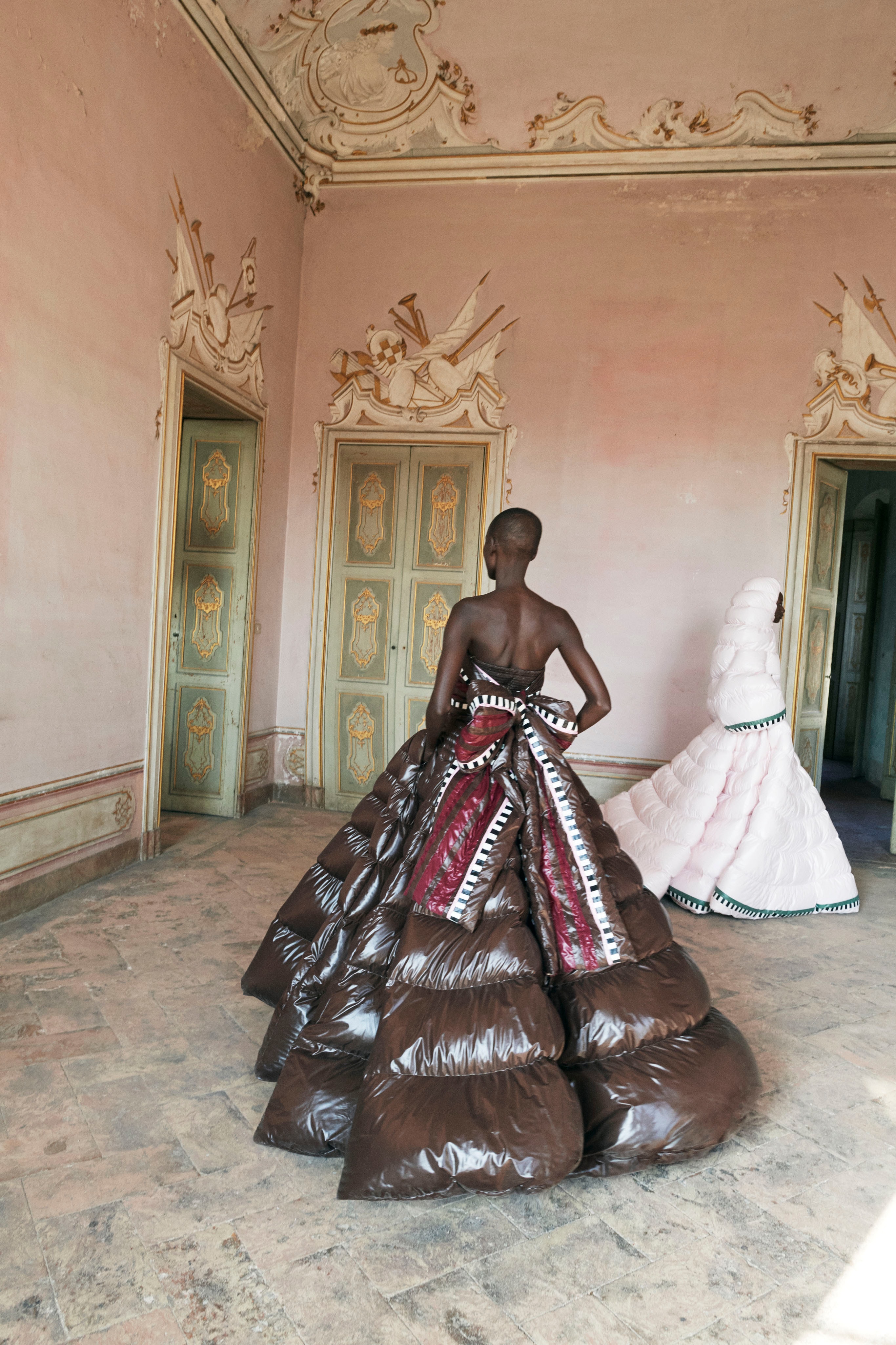 moncler genius series 1 pierpaolo piccioli dresses outerwear nylon puffer liya kebede tour milan fashion week ethiopia african valentino