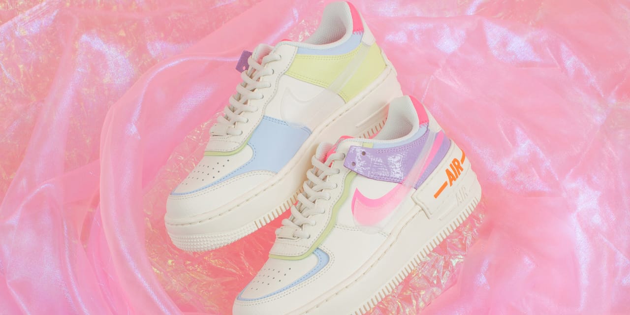 nike air force 1 shadow trainers in white pink and green