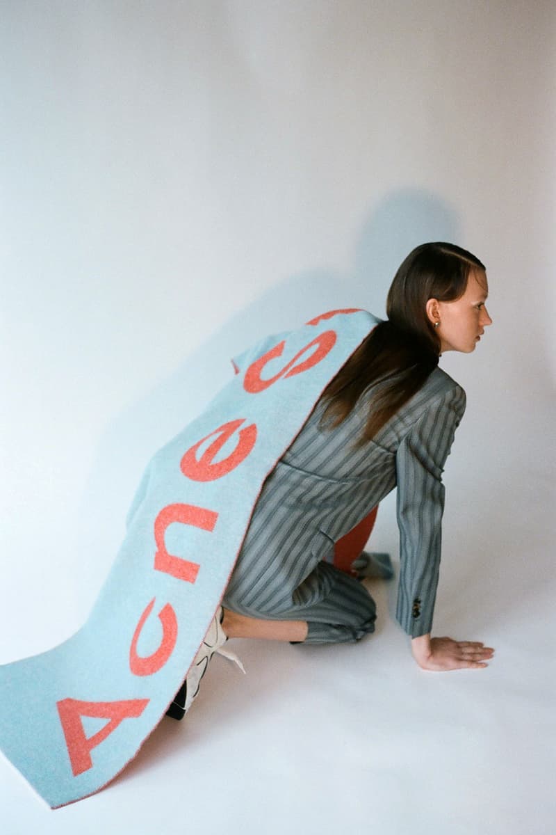 Acne Studios Spring/Summer 2020 Collection Blazer Pants Suit Grey Stripe Logo Scarf Blue Orange
