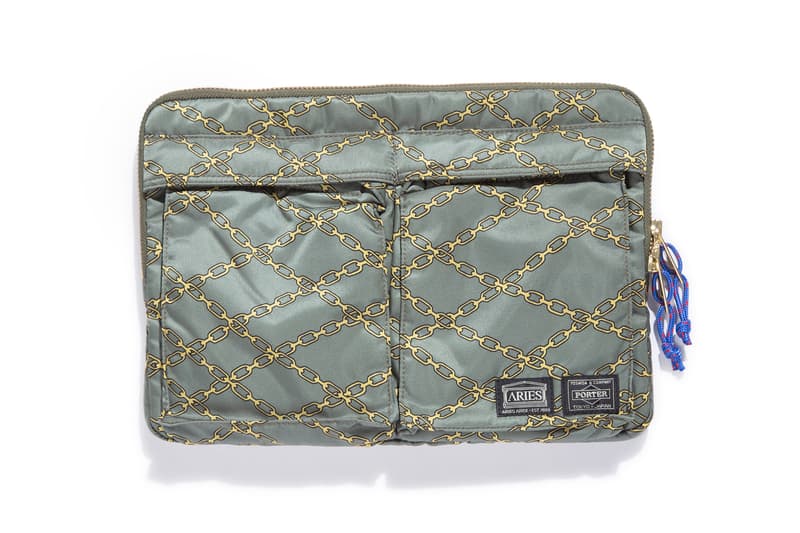 aries porter bags wallets accessories waist helmet chain print pattern olive green black nylon material japan collaboration collection