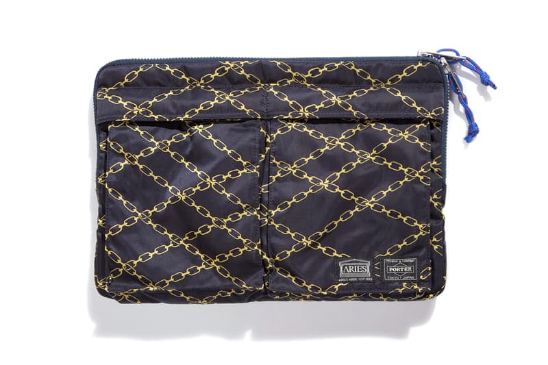 aries porter bags wallets accessories waist helmet chain print pattern olive green black nylon material japan collaboration collection