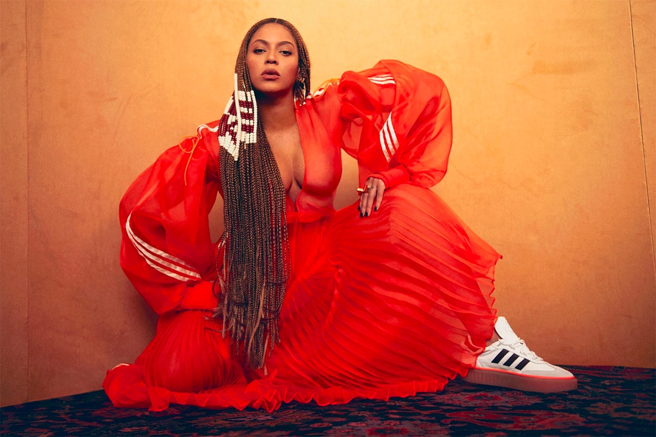 Beyoncé IVY PARK x adidas Originals Collaboration Three Stripes Pleated Skirt Orange Red Tracksuit Jacket Sneaker Hair Braids Beads Campaign