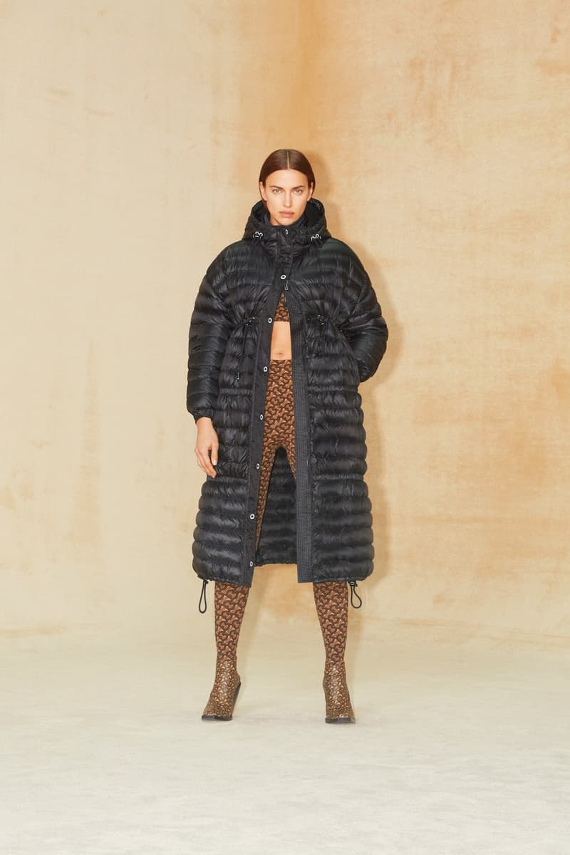 burberry pre fall 2020 collection riccardo tisci tb monogram outerwear skirts bags irina-shayk boots hats accessories 