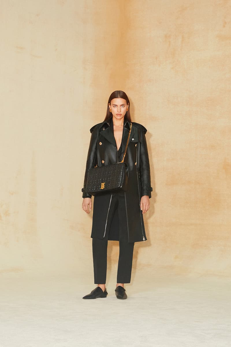 burberry pre fall 2020 collection riccardo tisci tb monogram outerwear skirts bags irina-shayk boots hats accessories 