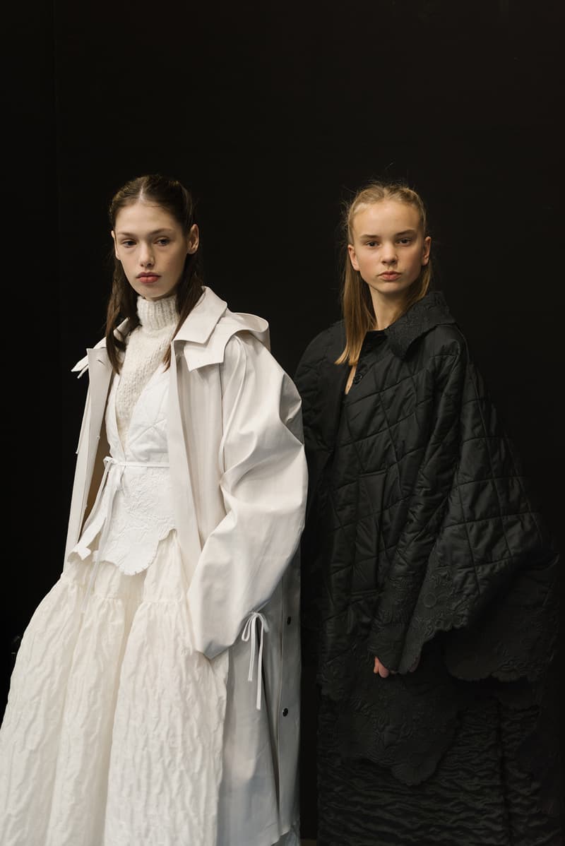 Cecilie Bahnsen FW20 Fall Winter 2020 Collection Runway Show Fitting Backstage Danish Designer Copenhagen Fashion Week Black Dress Model Mackintosh raincoat white collaboration